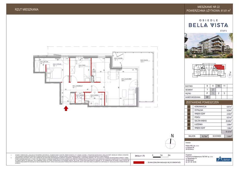 3 pokoje, mieszkanie 61,61 m², piętro 1, oferta nr 10-22, Osiedle Bella Vista etap VI, Kielce, Ostra Górka, ul. Generała Andersa / Domki
