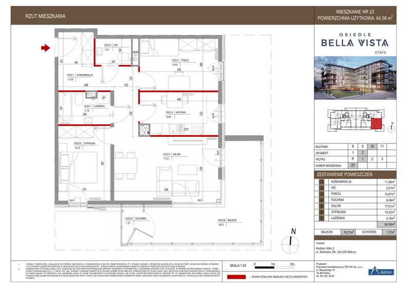 3 pokoje, mieszkanie 64,56 m², piętro 1, oferta nr 10-23, Osiedle Bella Vista etap VI, Kielce, Ostra Górka, ul. Generała Andersa / Domki