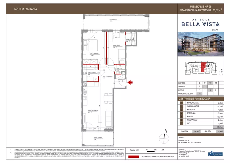 3 pokoje, mieszkanie 66,87 m², piętro 2, oferta nr 10-25, Osiedle Bella Vista etap VI, Kielce, Ostra Górka, ul. Generała Andersa / Domki