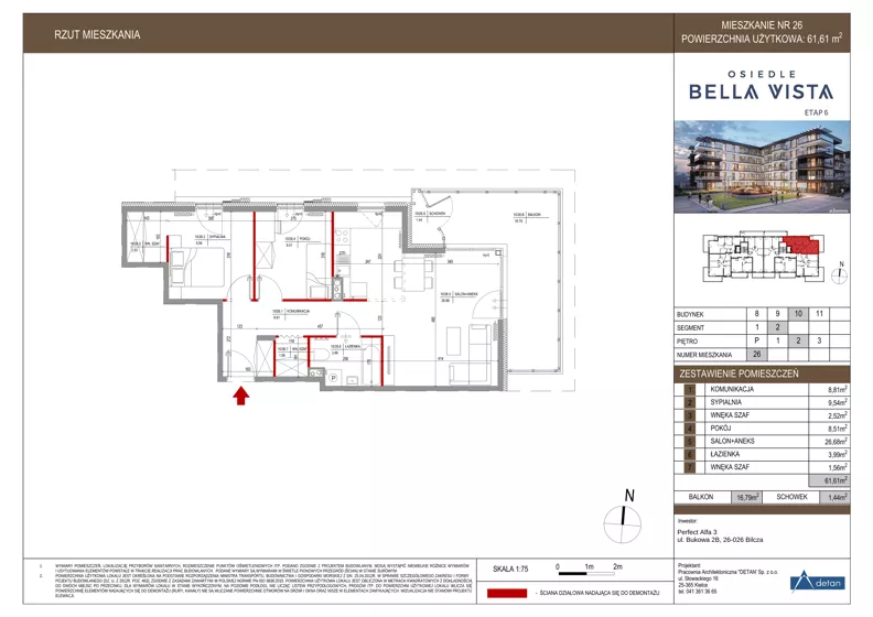 3 pokoje, mieszkanie 61,61 m², piętro 2, oferta nr 10-26, Osiedle Bella Vista etap VI, Kielce, Ostra Górka, ul. Generała Andersa / Domki