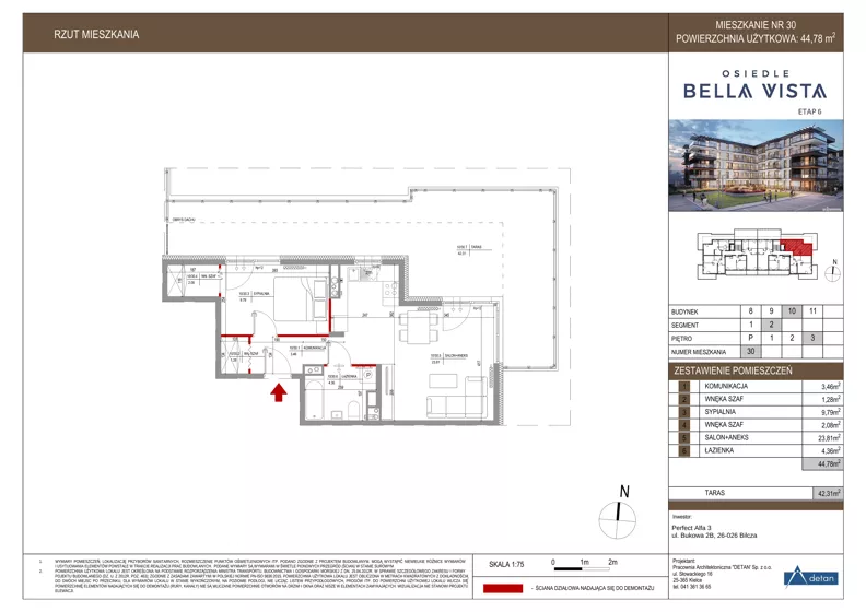 2 pokoje, mieszkanie 44,78 m², piętro 3, oferta nr 10-30, Osiedle Bella Vista etap VI, Kielce, Ostra Górka, ul. Generała Andersa / Domki