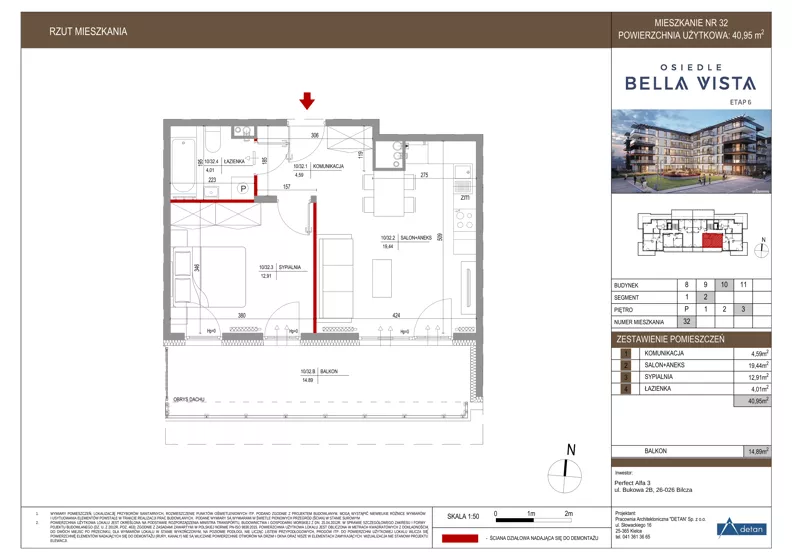 2 pokoje, mieszkanie 40,95 m², piętro 3, oferta nr 10-32, Osiedle Bella Vista etap VI, Kielce, Ostra Górka, ul. Generała Andersa / Domki