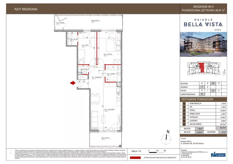 3 pokoje, mieszkanie 66,87 m², piętro 2, oferta nr 10-9, Osiedle Bella Vista etap VI, Kielce, Ostra Górka, ul. Generała Andersa / Domki