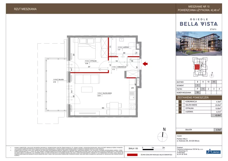 2 pokoje, mieszkanie 42,48 m², piętro 1, oferta nr 11-10, Osiedle Bella Vista etap VI, Kielce, Ostra Górka, ul. Generała Andersa / Domki