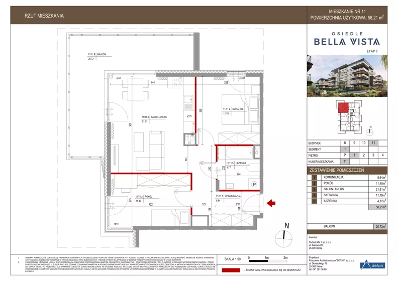 3 pokoje, mieszkanie 58,21 m², piętro 1, oferta nr 11-11, Osiedle Bella Vista etap VI, Kielce, Ostra Górka, ul. Generała Andersa / Domki
