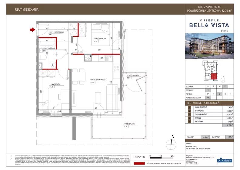 3 pokoje, mieszkanie 52,79 m², piętro 2, oferta nr 11-14, Osiedle Bella Vista etap VI, Kielce, Ostra Górka, ul. Generała Andersa / Domki