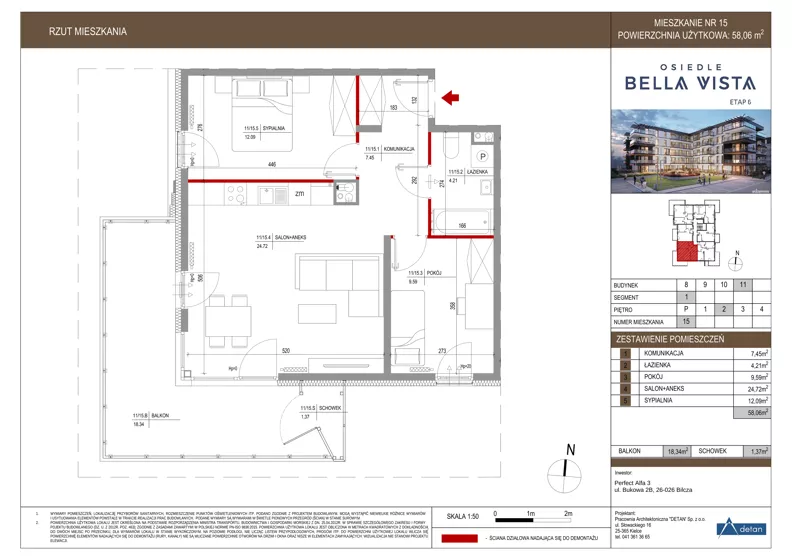 3 pokoje, mieszkanie 58,06 m², piętro 2, oferta nr 11-15, Osiedle Bella Vista etap VI, Kielce, Ostra Górka, ul. Generała Andersa / Domki