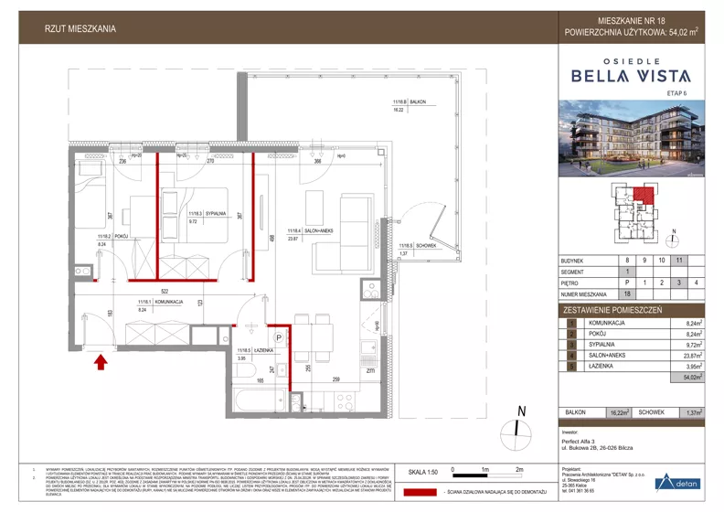 3 pokoje, mieszkanie 54,02 m², piętro 3, oferta nr 11-18, Osiedle Bella Vista etap VI, Kielce, Ostra Górka, ul. Generała Andersa / Domki