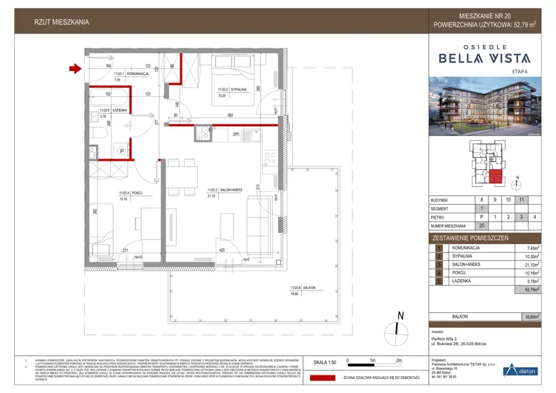 3 pokoje, mieszkanie 52,79 m², piętro 3, oferta nr 11-20, Osiedle Bella Vista etap VI, Kielce, Ostra Górka, ul. Generała Andersa / Domki