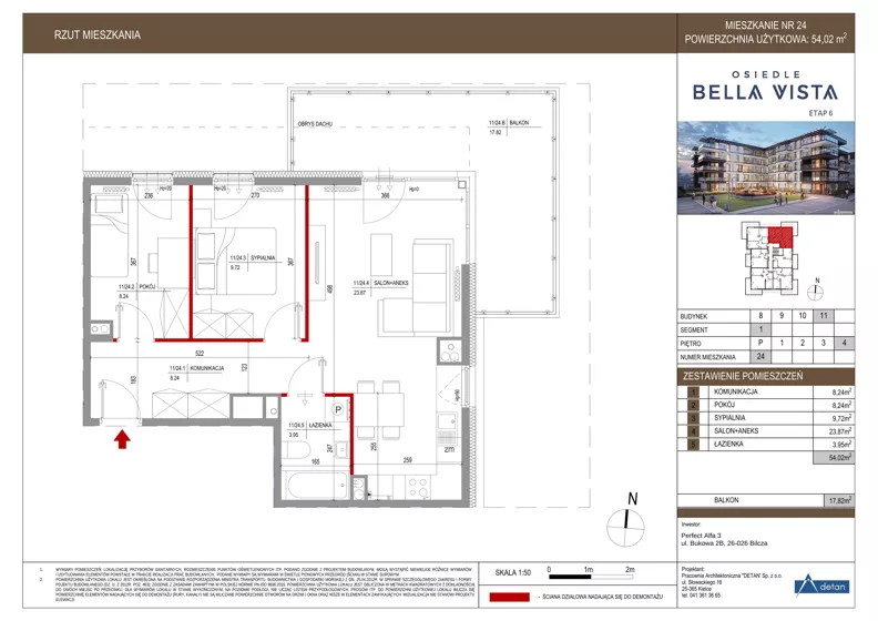 3 pokoje, mieszkanie 54,02 m², piętro 4, oferta nr 11-24, Osiedle Bella Vista etap VI, Kielce, Ostra Górka, ul. Generała Andersa / Domki