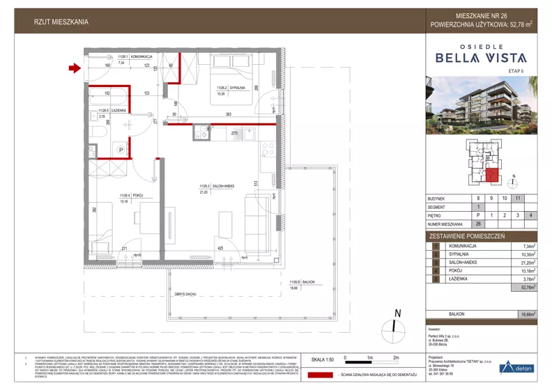 3 pokoje, mieszkanie 52,78 m², piętro 4, oferta nr 11-26, Osiedle Bella Vista etap VI, Kielce, Ostra Górka, ul. Generała Andersa / Domki