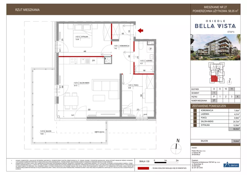3 pokoje, mieszkanie 58,05 m², piętro 4, oferta nr 11-27, Osiedle Bella Vista etap VI, Kielce, Ostra Górka, ul. Generała Andersa / Domki