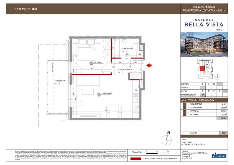 2 pokoje, mieszkanie 42,48 m², piętro 4, oferta nr 11-28, Osiedle Bella Vista etap VI, Kielce, Ostra Górka, ul. Generała Andersa / Domki
