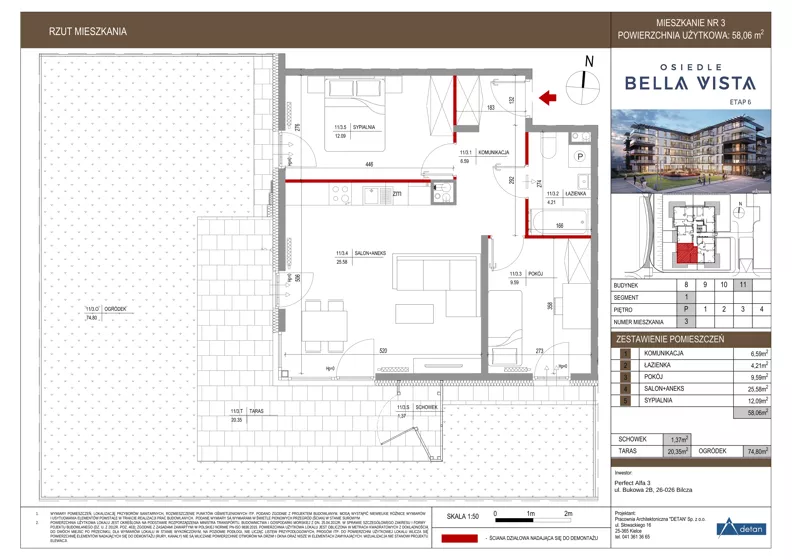 3 pokoje, mieszkanie 58,06 m², parter, oferta nr 11-3, Osiedle Bella Vista etap VI, Kielce, Ostra Górka, ul. Generała Andersa / Domki