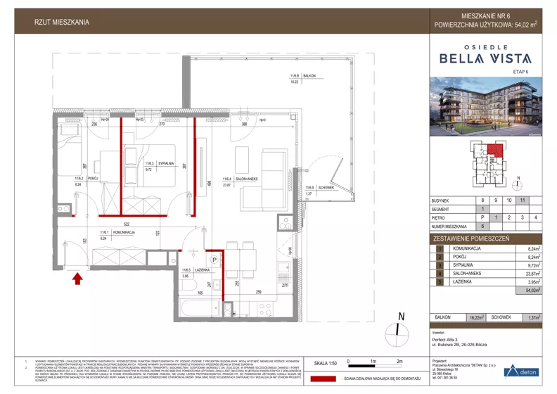 3 pokoje, mieszkanie 54,02 m², piętro 1, oferta nr 11-6, Osiedle Bella Vista etap VI, Kielce, Ostra Górka, ul. Generała Andersa / Domki