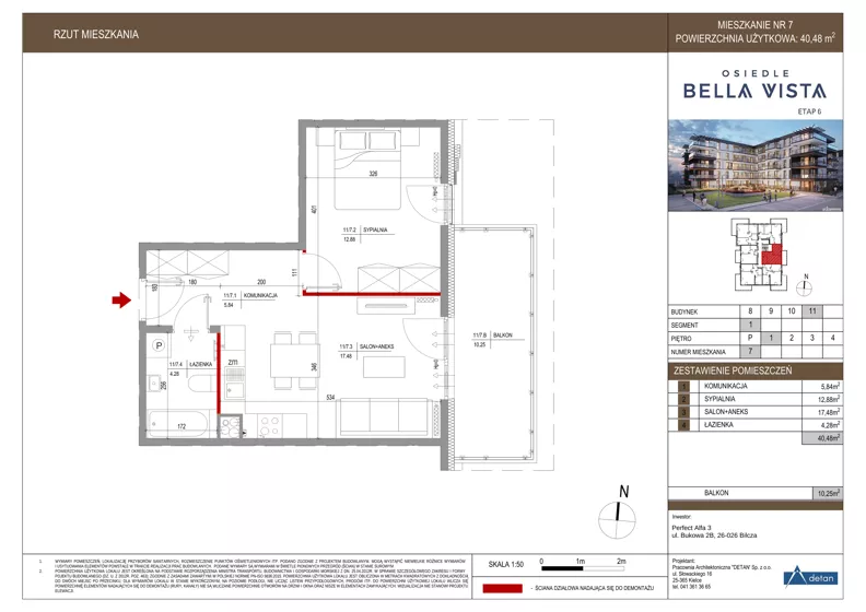 2 pokoje, mieszkanie 40,48 m², piętro 1, oferta nr 11-7, Osiedle Bella Vista etap VI, Kielce, Ostra Górka, ul. Generała Andersa / Domki