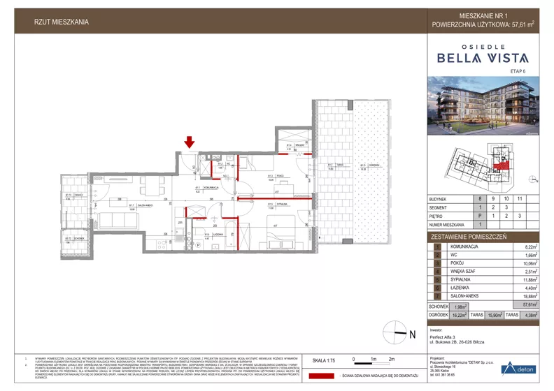 3 pokoje, mieszkanie 57,61 m², parter, oferta nr 8-1, Osiedle Bella Vista etap VI, Kielce, Ostra Górka, ul. Generała Andersa / Domki