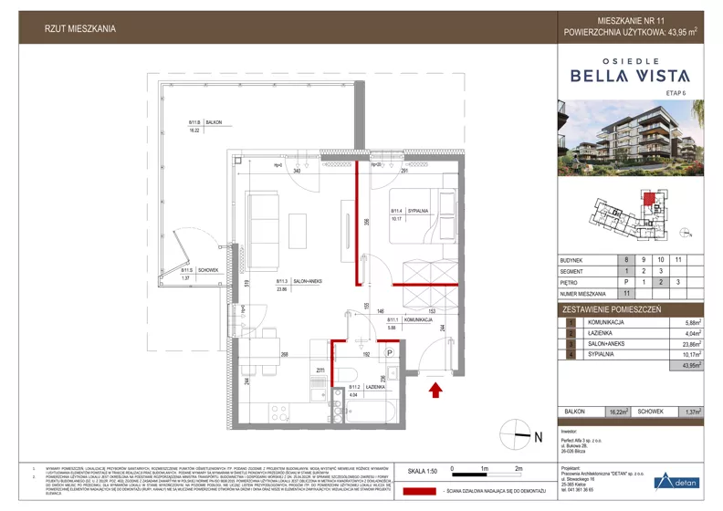 2 pokoje, mieszkanie 43,95 m², piętro 2, oferta nr 8-11, Osiedle Bella Vista etap VI, Kielce, Ostra Górka, ul. Generała Andersa / Domki