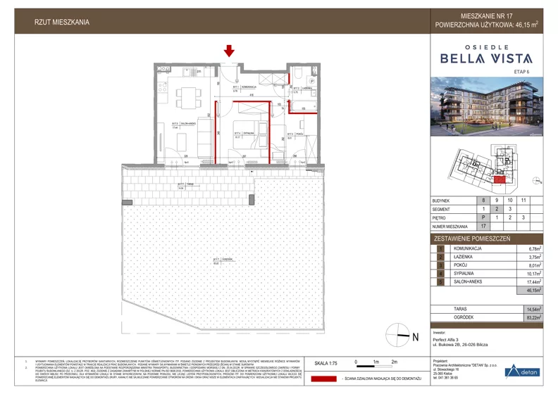 3 pokoje, mieszkanie 46,15 m², parter, oferta nr 8-17, Osiedle Bella Vista etap VI, Kielce, Ostra Górka, ul. Generała Andersa / Domki