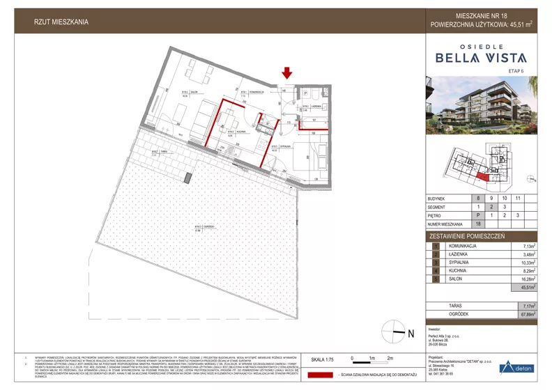2 pokoje, mieszkanie 45,51 m², parter, oferta nr 8-18, Osiedle Bella Vista etap VI, Kielce, Ostra Górka, ul. Generała Andersa / Domki