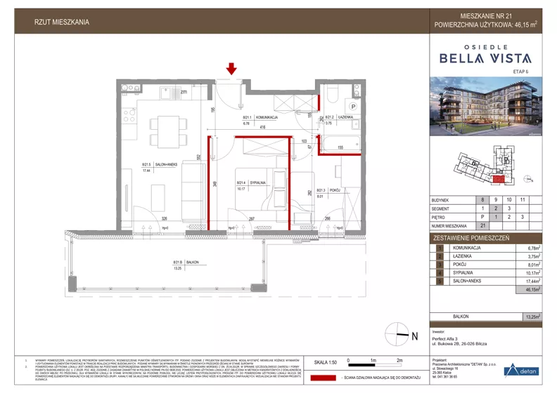 3 pokoje, mieszkanie 46,15 m², piętro 1, oferta nr 8-21, Osiedle Bella Vista etap VI, Kielce, Ostra Górka, ul. Generała Andersa / Domki
