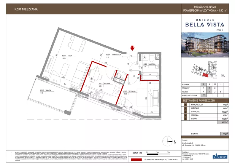 2 pokoje, mieszkanie 45,50 m², piętro 1, oferta nr 8-22, Osiedle Bella Vista etap VI, Kielce, Ostra Górka, ul. Generała Andersa / Domki