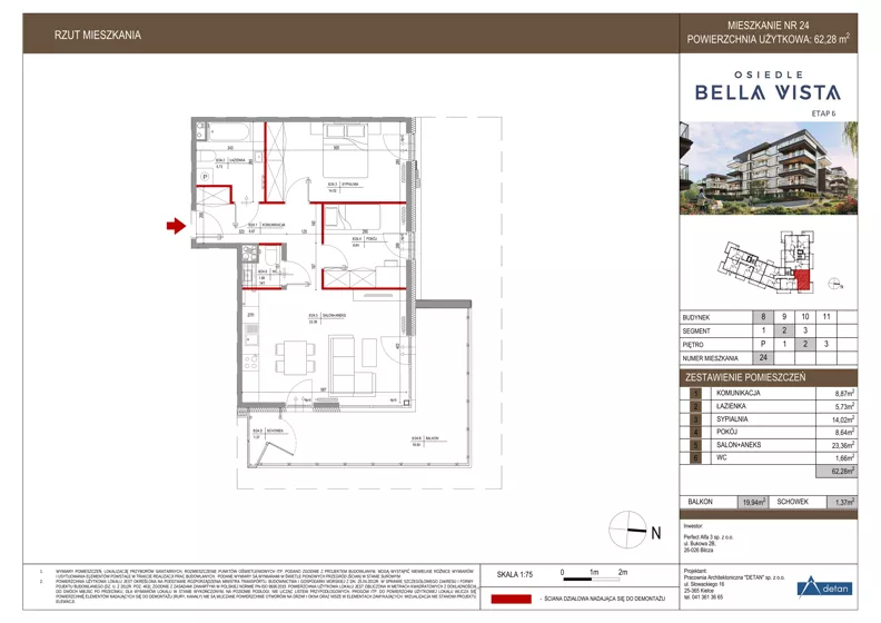 3 pokoje, mieszkanie 62,28 m², piętro 2, oferta nr 8-24, Osiedle Bella Vista etap VI, Kielce, Ostra Górka, ul. Generała Andersa / Domki