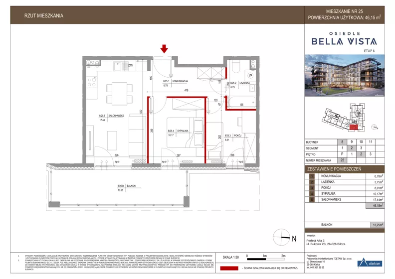 3 pokoje, mieszkanie 46,15 m², piętro 2, oferta nr 8-25, Osiedle Bella Vista etap VI, Kielce, Ostra Górka, ul. Generała Andersa / Domki