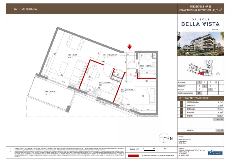 2 pokoje, mieszkanie 45,51 m², piętro 2, oferta nr 8-26, Osiedle Bella Vista etap VI, Kielce, Ostra Górka, ul. Generała Andersa / Domki