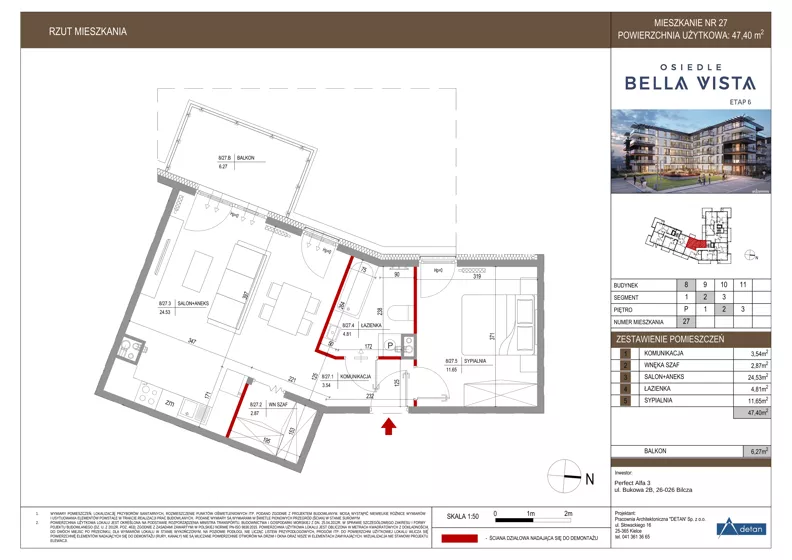 2 pokoje, mieszkanie 47,40 m², piętro 2, oferta nr 8-27, Osiedle Bella Vista etap VI, Kielce, Ostra Górka, ul. Generała Andersa / Domki