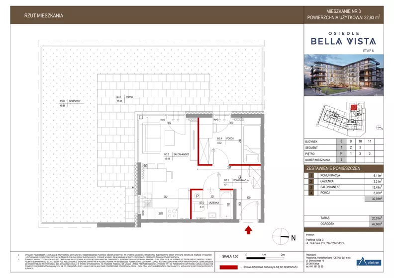 2 pokoje, mieszkanie 32,93 m², parter, oferta nr 8-3, Osiedle Bella Vista etap VI, Kielce, Ostra Górka, ul. Generała Andersa / Domki
