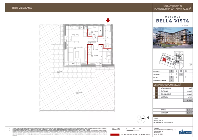 2 pokoje, mieszkanie 42,66 m², parter, oferta nr 8-32, Osiedle Bella Vista etap VI, Kielce, Ostra Górka, ul. Generała Andersa / Domki