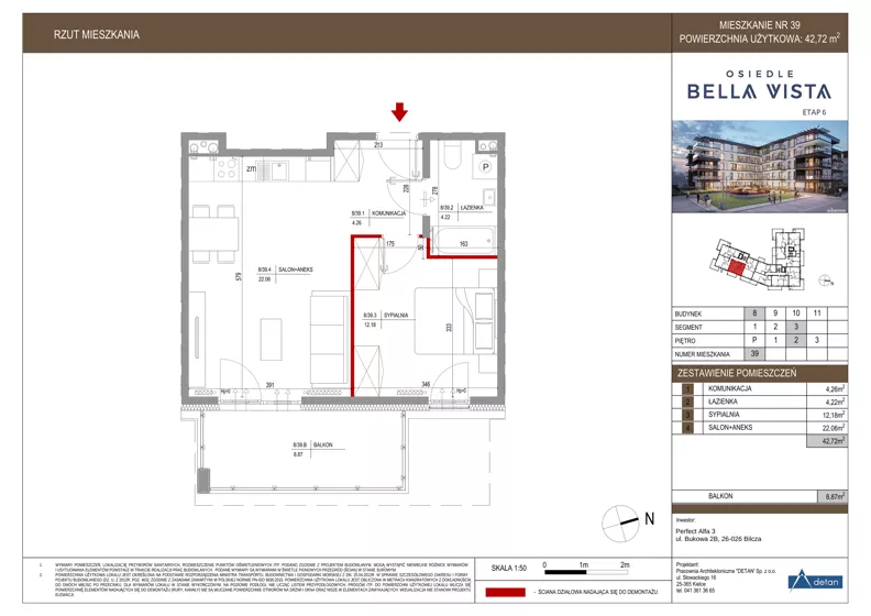 2 pokoje, mieszkanie 42,72 m², piętro 2, oferta nr 8-39, Osiedle Bella Vista etap VI, Kielce, Ostra Górka, ul. Generała Andersa / Domki