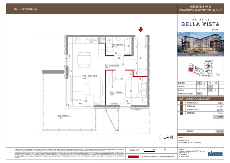 2 pokoje, mieszkanie 42,66 m², piętro 2, oferta nr 8-40, Osiedle Bella Vista etap VI, Kielce, Ostra Górka, ul. Generała Andersa / Domki