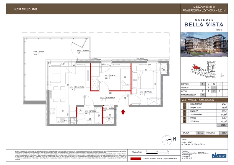 3 pokoje, mieszkanie 45,20 m², piętro 2, oferta nr 8-41, Osiedle Bella Vista etap VI, Kielce, Ostra Górka, ul. Generała Andersa / Domki