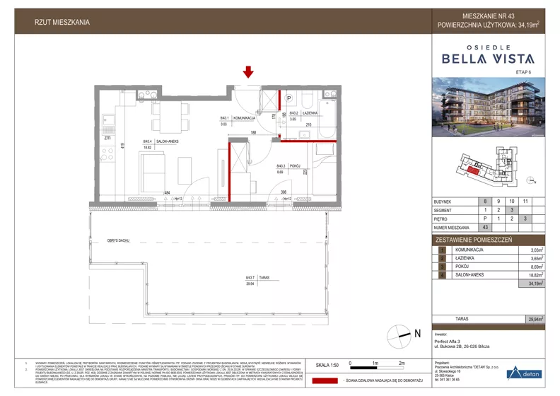 2 pokoje, mieszkanie 34,19 m², piętro 3, oferta nr 8-43, Osiedle Bella Vista etap VI, Kielce, Ostra Górka, ul. Generała Andersa / Domki