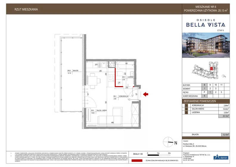 1 pokój, mieszkanie 25,13 m², piętro 1, oferta nr 8-6, Osiedle Bella Vista etap VI, Kielce, Ostra Górka, ul. Generała Andersa / Domki
