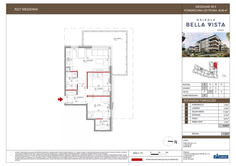 3 pokoje, mieszkanie 49,89 m², piętro 1, oferta nr 8-8, Osiedle Bella Vista etap VI, Kielce, Ostra Górka, ul. Generała Andersa / Domki