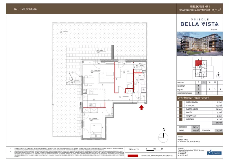 3 pokoje, mieszkanie 61,61 m², parter, oferta nr 9-1, Osiedle Bella Vista etap VI, Kielce, Ostra Górka, ul. Generała Andersa / Domki