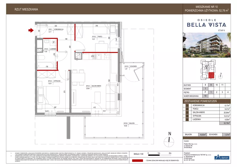 3 pokoje, mieszkanie 52,78 m², piętro 1, oferta nr 9-10, Osiedle Bella Vista etap VI, Kielce, Ostra Górka, ul. Generała Andersa / Domki