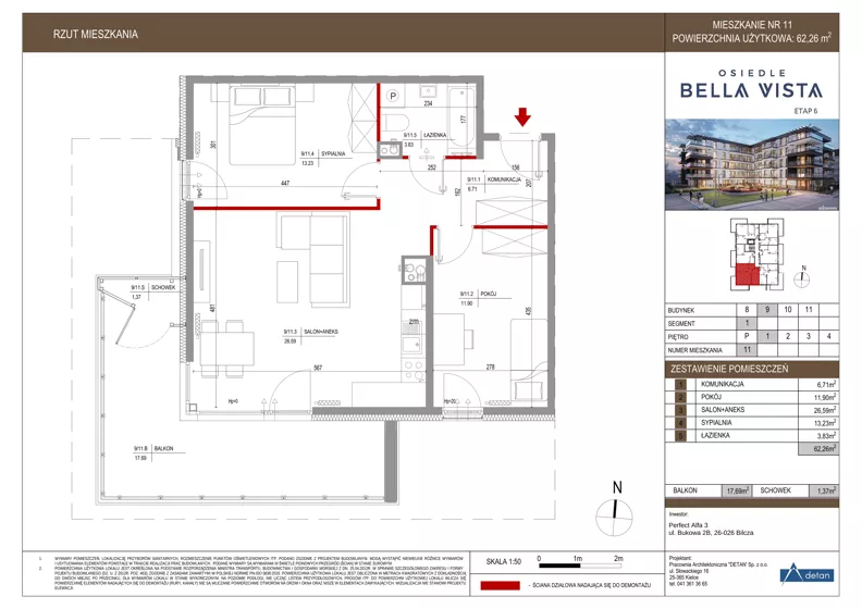 3 pokoje, mieszkanie 62,26 m², piętro 1, oferta nr 9-11, Osiedle Bella Vista etap VI, Kielce, Ostra Górka, ul. Generała Andersa / Domki