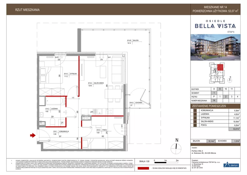3 pokoje, mieszkanie 53,07 m², piętro 2, oferta nr 9-14, Osiedle Bella Vista etap VI, Kielce, Ostra Górka, ul. Generała Andersa / Domki