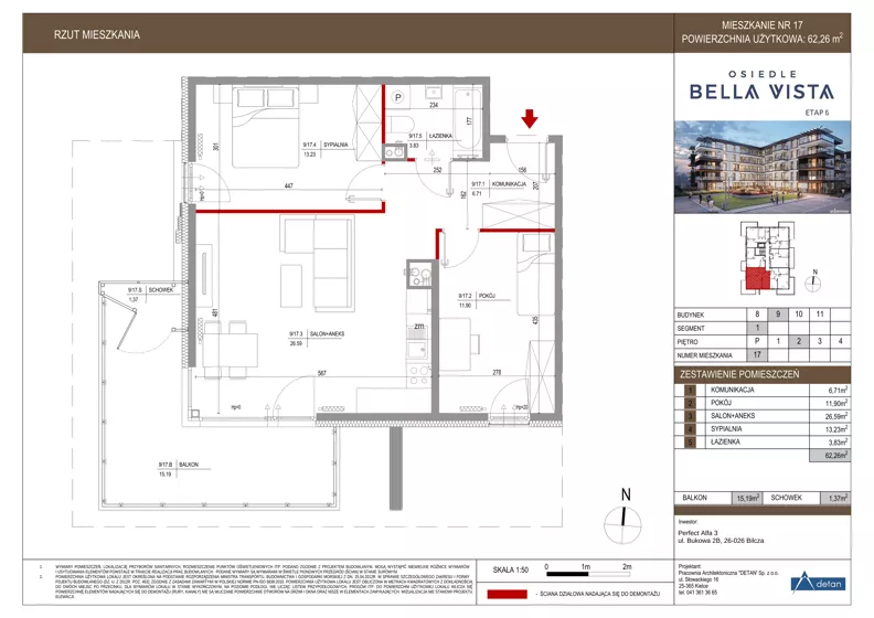 3 pokoje, mieszkanie 62,26 m², piętro 2, oferta nr 9-17, Osiedle Bella Vista etap VI, Kielce, Ostra Górka, ul. Generała Andersa / Domki