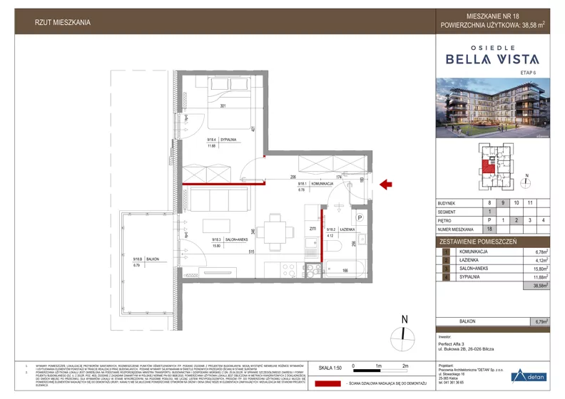 2 pokoje, mieszkanie 38,58 m², piętro 2, oferta nr 9-18, Osiedle Bella Vista etap VI, Kielce, Ostra Górka, ul. Generała Andersa / Domki