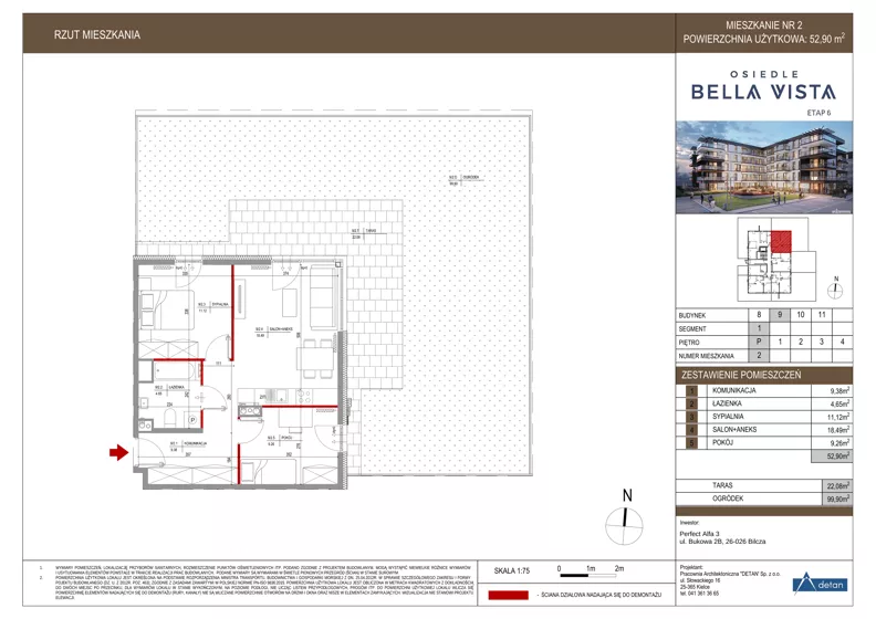 3 pokoje, mieszkanie 52,90 m², parter, oferta nr 9-2, Osiedle Bella Vista etap VI, Kielce, Ostra Górka, ul. Generała Andersa / Domki