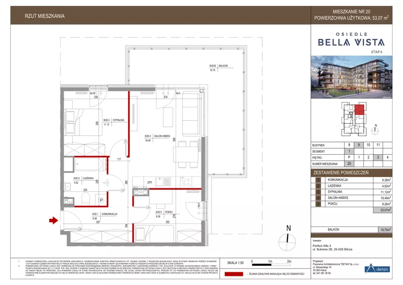 3 pokoje, mieszkanie 53,07 m², piętro 3, oferta nr 9-20, Osiedle Bella Vista etap VI, Kielce, Ostra Górka, ul. Generała Andersa / Domki