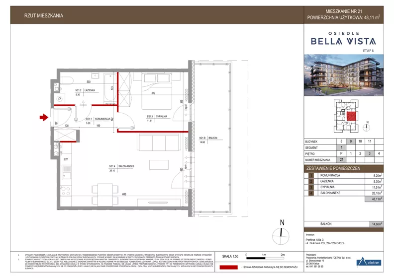 2 pokoje, mieszkanie 48,11 m², piętro 3, oferta nr 9-21, Osiedle Bella Vista etap VI, Kielce, Ostra Górka, ul. Generała Andersa / Domki