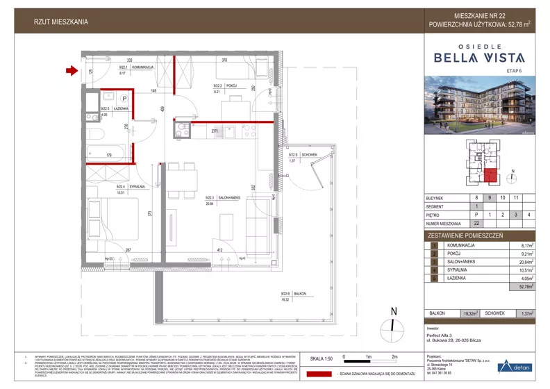 3 pokoje, mieszkanie 52,78 m², piętro 3, oferta nr 9-22, Osiedle Bella Vista etap VI, Kielce, Ostra Górka, ul. Generała Andersa / Domki
