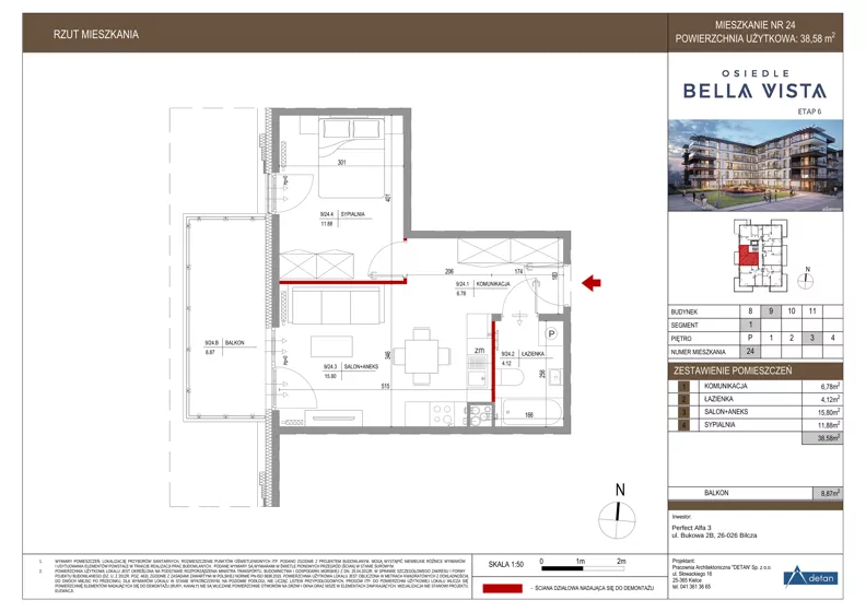 2 pokoje, mieszkanie 38,58 m², piętro 2, oferta nr 9-24, Osiedle Bella Vista etap VI, Kielce, Ostra Górka, ul. Generała Andersa / Domki
