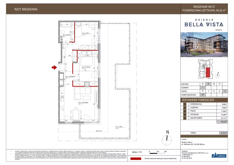 3 pokoje, mieszkanie 64,22 m², piętro 4, oferta nr 9-27, Osiedle Bella Vista etap VI, Kielce, Ostra Górka, ul. Generała Andersa / Domki